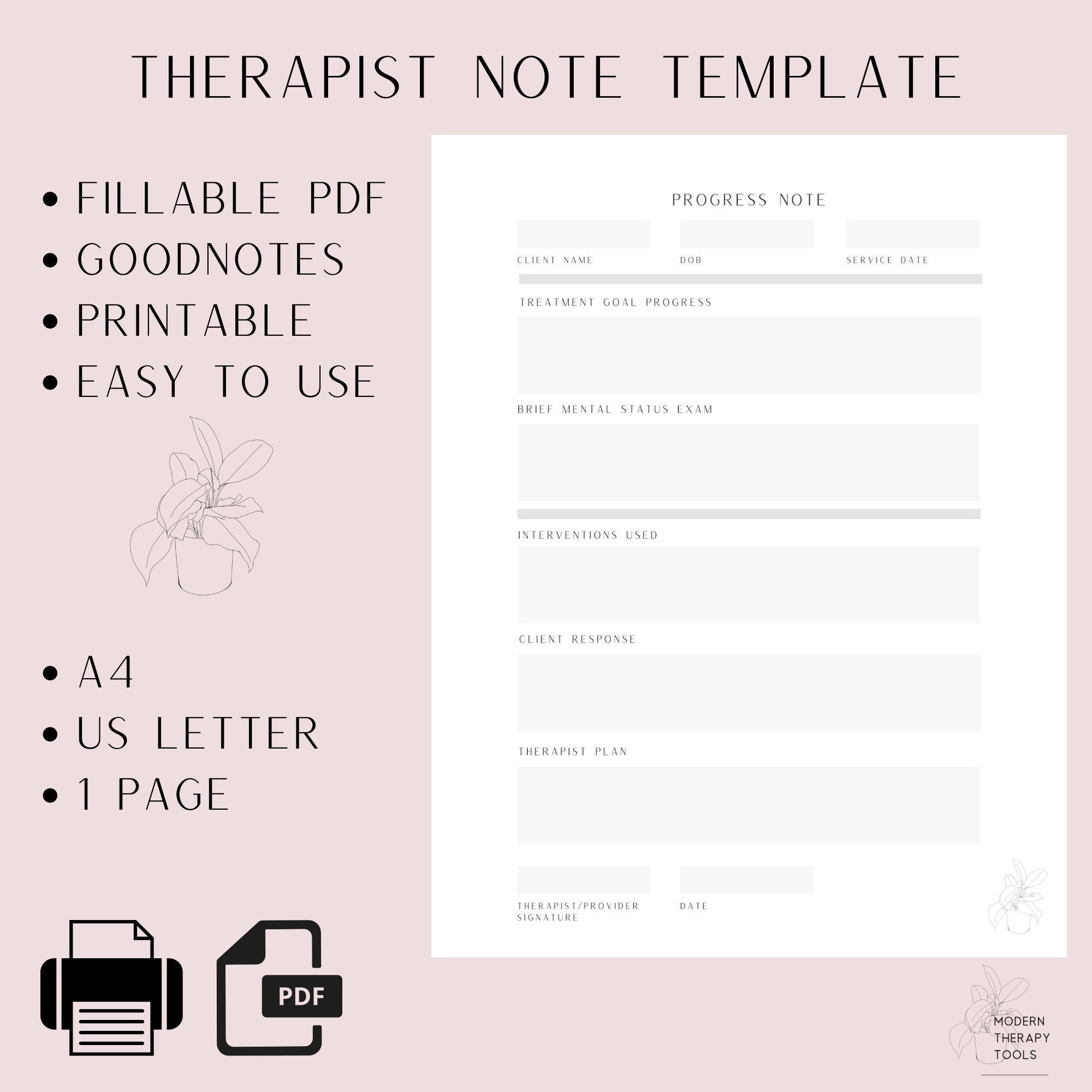 Printable PDF Therapist Progress Note MFT Therapy Planner Insert 