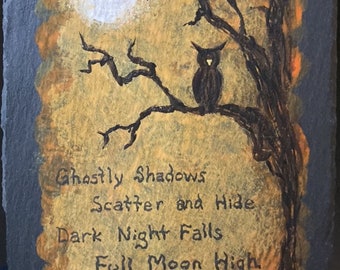 Halloween table top owl in tree original poem mini painting on slate acrylic painting hallows Eve orange and black fall decor wall art