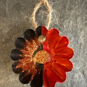 Halloween decor, Ornament, Wall hanging, Geometric pattern, Upcycled, Tart tin, Acrylic painting, Sparkle, Orange and Black, Original art