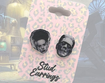 Frankenstein & Bride of Frankenstein Stud Earrings, FREE SHIPPING, Halloween Earrings, Monster Earrings, Goth Earrings