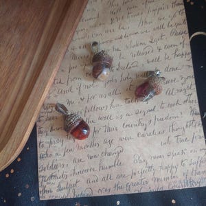 Peut inclure: Trois pendentifs en forme de gland avec des bélières argentées. Les pendentifs présentent des chapeaux bruns et des corps en pierre translucide colorée. Ils reposent sur un papier vintage avec une écriture manuscrite.