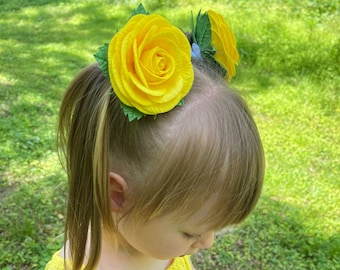 FLORAL HAIR TIES for Toddler Girls - Yellow Rose 2pcs, Flower Hair Accessories, Flower Headpiece, Floral Hairpiece, Kids Hair Ties