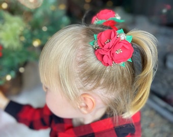 FLORAL HAIR TIES for Girls Hair Bows Flower Scrunchies Ponytail Pigtail Holders for Kids Set of 2 Red Gold