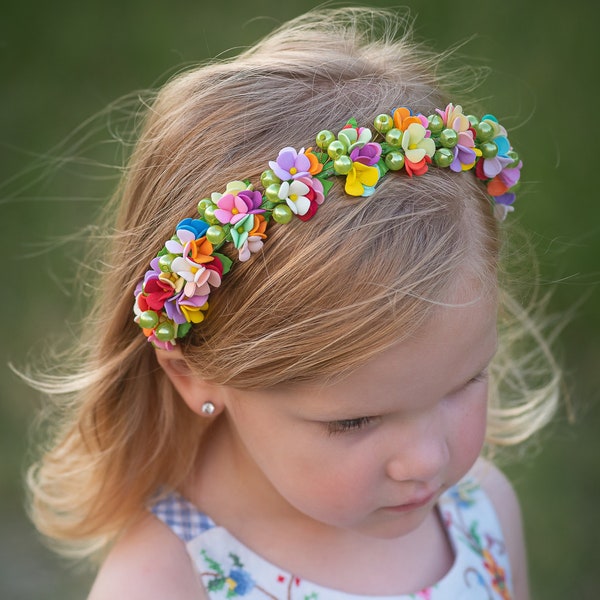 Diadema de flores arcoíris para niña pequeña - Corona floral brillante - Ideal para disfraces y eventos especiales - Regalo perfecto para niños