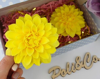 ACCESORIOS FLORALES PARA EL CABELLO para niñas pequeñas - Dalia amarilla (2 piezas), accesorios florales para el cabello, pinzas florales, postizo floral, cintas para el cabello para niñas