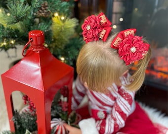 Kids' Sparkling Red and Gold Hair Ties, "Little Miss" Bow Scrunchies, Ideal for Pigtails and Ponytails, Lovely Gift Set of 2