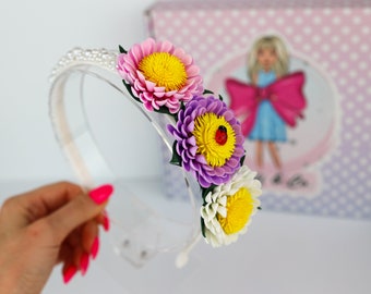 Flower Headband, Floral Headband - Flower Girl Headband - Girl&#39;s Flower Crown - Toddler Girl Headband, Flowers & Pearls