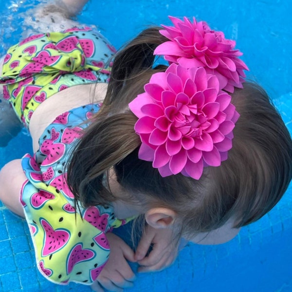 FLOWER HAIR CLIPS for Toddler Girls - Hot Pink Dahlia 2pcs, Flower Hair Accessories, Piggies, Floral Hairpiece, Girls Hair Ties