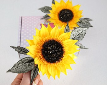 Big Sunflower Hair Clip with Black Beaded Center | Handmade Statement Barrette | Bold Yellow Flower Clip | Gift Box