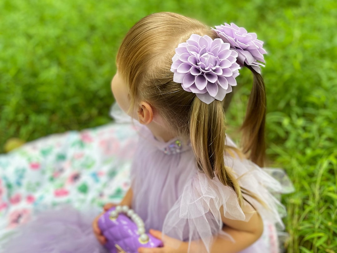FLOWER HAIR CLIPS for Toddler Girls Purple Dahlia 2pcs, Flower Hair