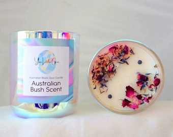 Australian Black Opal Candle - Topped with wild flowers | Handmade | Soy wax | Large Holographic Glass