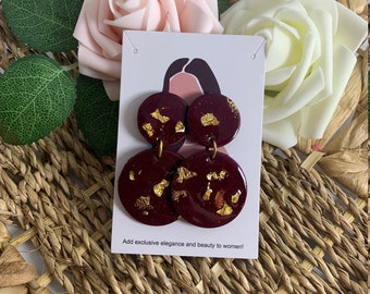 Burgund und Gold | Polymer Clay Ohrringe | Kunstharz veredelt