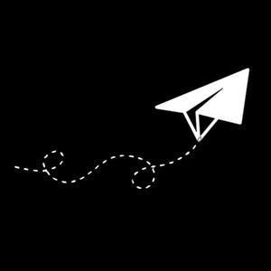 May include: A white paper airplane flying with a dotted line trail behind it against a black background.