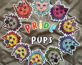 May include: A set of 12 colorful cartoon dog stickers with the text "PRIDE PUPS". Each sticker features a different dog breed with a unique color scheme and fluffy fur.