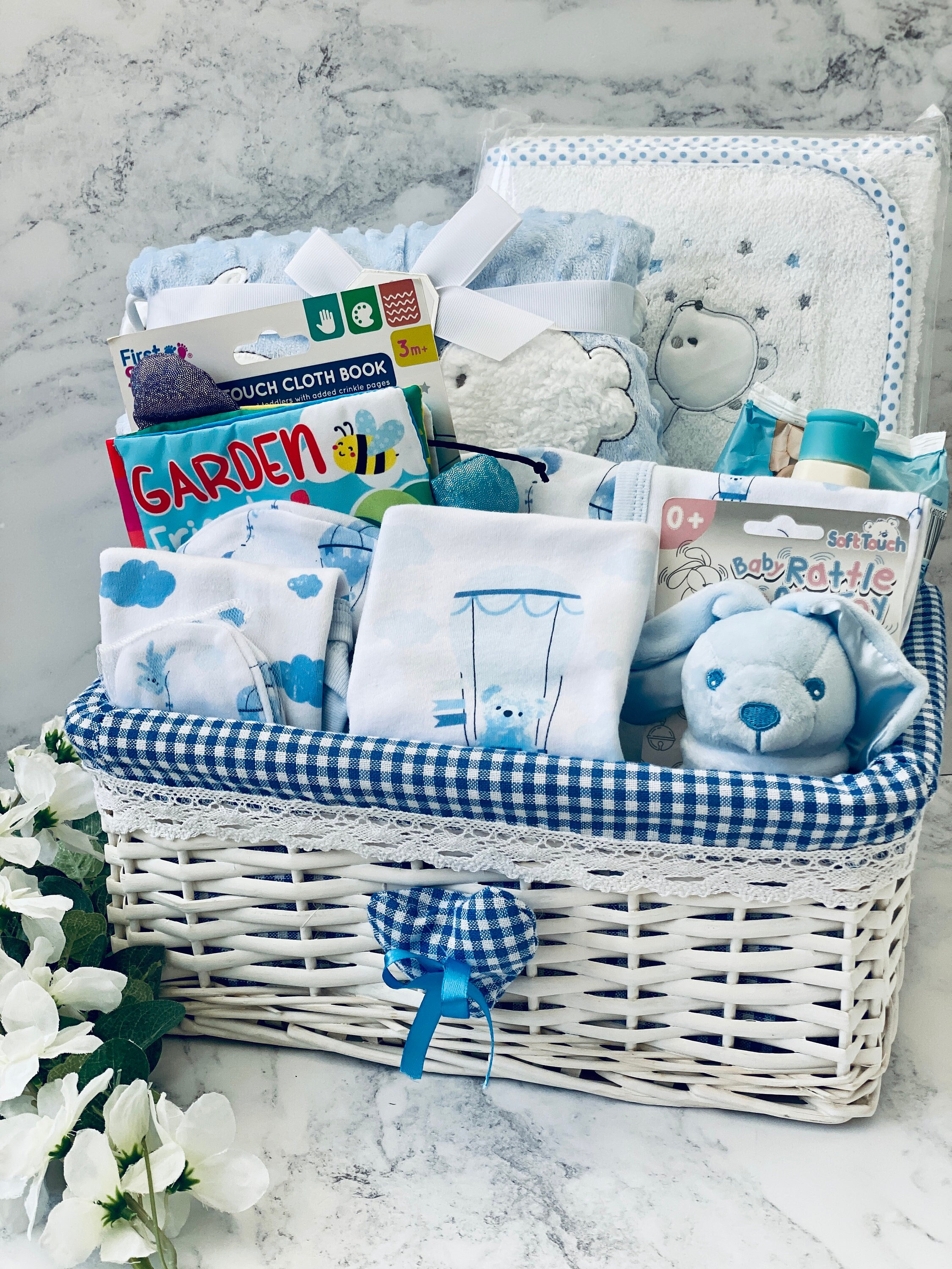  Cesta de regalo de bebé de lujo, azul para niños, ideal para  regalo de ducha para recién nacidos : Bebés