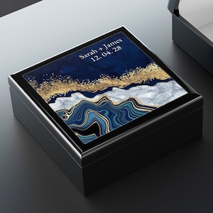Navy Blue and Gold Jewelry Box -  Custom Wedding Geode Agate Art Ebony Black Wood Keepsake Box For Couples Date Gift