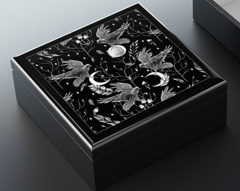 Raven Jewelry Box - Black Raven and Moon Art Wood Gothic Jewelry Box Goth Gift Box