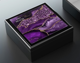 Purple Memory Box - Custom Wood Jewelry Box, Agate Geode Print, 5th Anniversary, Keepsake Box, Purple Wedding Gift, For Girls, Glitter Art