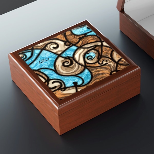 Mosaic Blue Oak Wood Box - Personalized Abstract Wooden Memory Box Tiger Eye Marble Printed Box