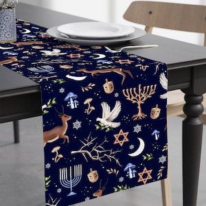 Hanukkah Table Runner - Woodland Chanukah Table Runner Decorative Menorah Star of David Forest Animal Table Decor