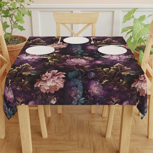 Peony Flower Tablecloth - Dark Purple Pink Peony Table Decor Fantasy Floral Print Tablecloth Square