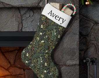 Custom Green Woodland Stocking, Forest Christmas Decor, Vintage Botanical, Personalized Stocking With Name