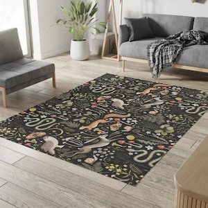 Woodland Animal Area Rug - Dark Forest Living Room Decor, Woodland Rug, Cute Animal Nursery Rug, Fairy Forest Rug