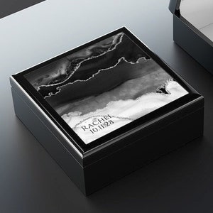 Black Ebony Wood Memory Box - Custom, Marble Geode Art Keepsake Box, Black White Wedding Gift Box