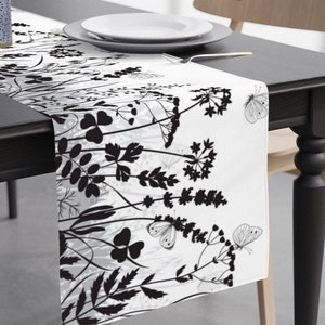 Black and White Table Runner - Black White Table Decor, Modern Minimalist Table Runner, Wildflower Butterflies Table Runner