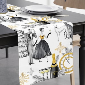 Corredor de mesa navideño vintage - Corredor de mesa retro de año nuevo, decoración de champán elegante, decoración de mesa navideña vintage