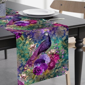 Peacock Table Runner - Eclectic Table Runner, Peacock Wedding Table Decor, Vintage Flower, Dark Purple Emerald Green Table Runner