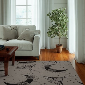 Dark Luna Moth Area Rug - Dark Gray Beige Rug, Celestial Moon Rug, Constellation Star Living Room Decor