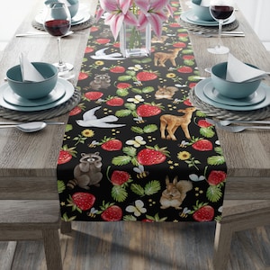 Strawberry Table Runner - Dark Summer Woodland Animal Table Runner Strawberry Thief Decor