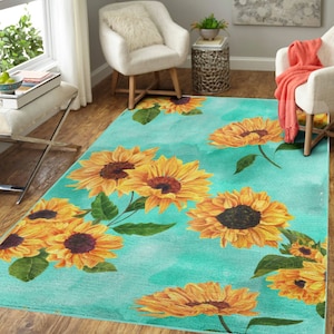 Boho Sunflower Area Rug - Teal Rug, Vintage Sunflower Rug, Blue Living Room Rug, Sunflower Nursery Decor Rug