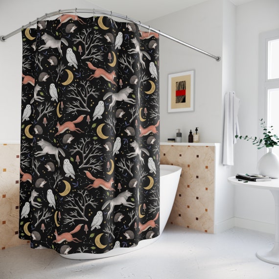 Moon Wolf Printed Bathroom Set, Waterproof Curtain With 12 Hooks