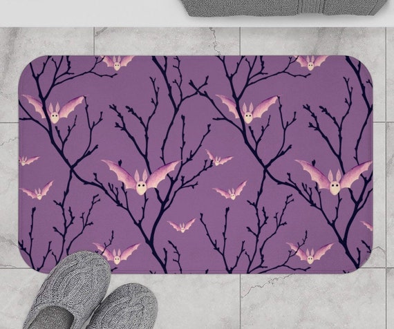 Purple Bat Bath Mat Cute Halloween Bath Mat Spooky Bathroom 