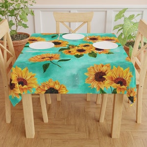 Turquoise Boho Floral Sunflower Tablecloth - Blue Retro Square Summer Flower Square Tablecloth
