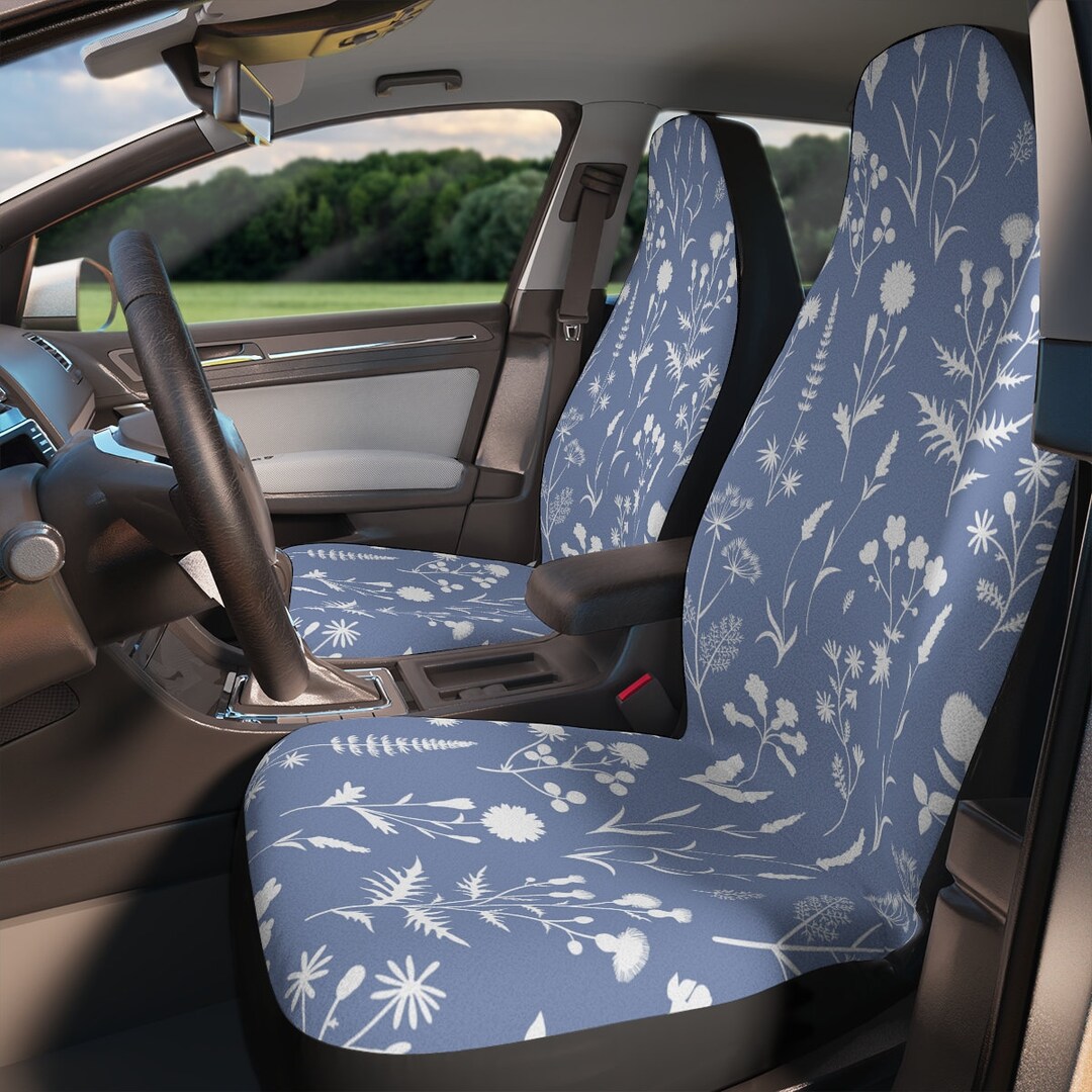Blue Nature Car Seat Cover Set Botanical Floral Car Decor, Light Blue