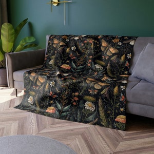 Moth Blanket - Black Dark Botanical Velvet Throw Blanket For Women Dark Academia Gifts Forest Moth Art Blanket For Her