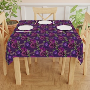 English Garden Purple Tablecloth - Floral Purple and Gold Square Tablecloth