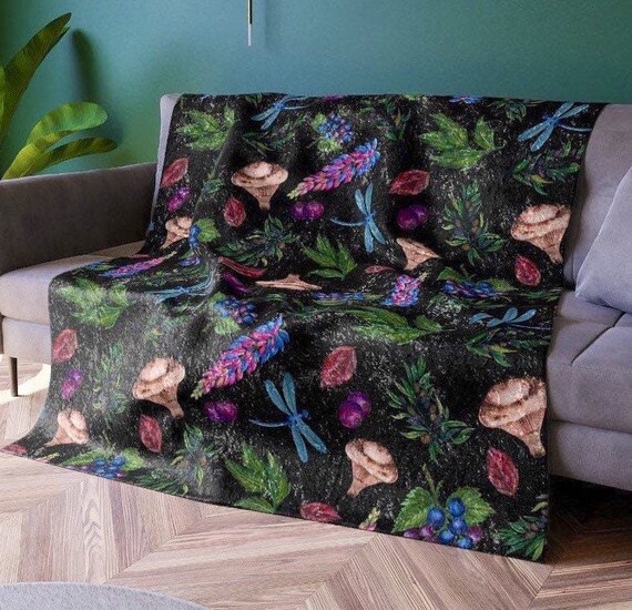 Woodland Throw Blanket Cottagecore Drangonfly Black Dark Forest Mushroom Blanket Foliage and Berry Branch Blanket for Women Etsy