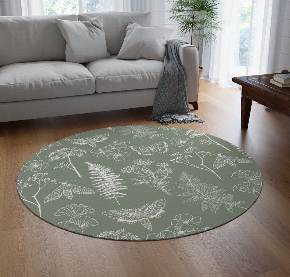 Sage Green Round Area Rug Neutral Botanical Bedroom Rug Round