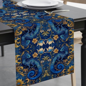 Medieval Dragon Table Runner - Dark Blue Asian Japanese Dragon and Gold Flower Dining Table Runner Decor