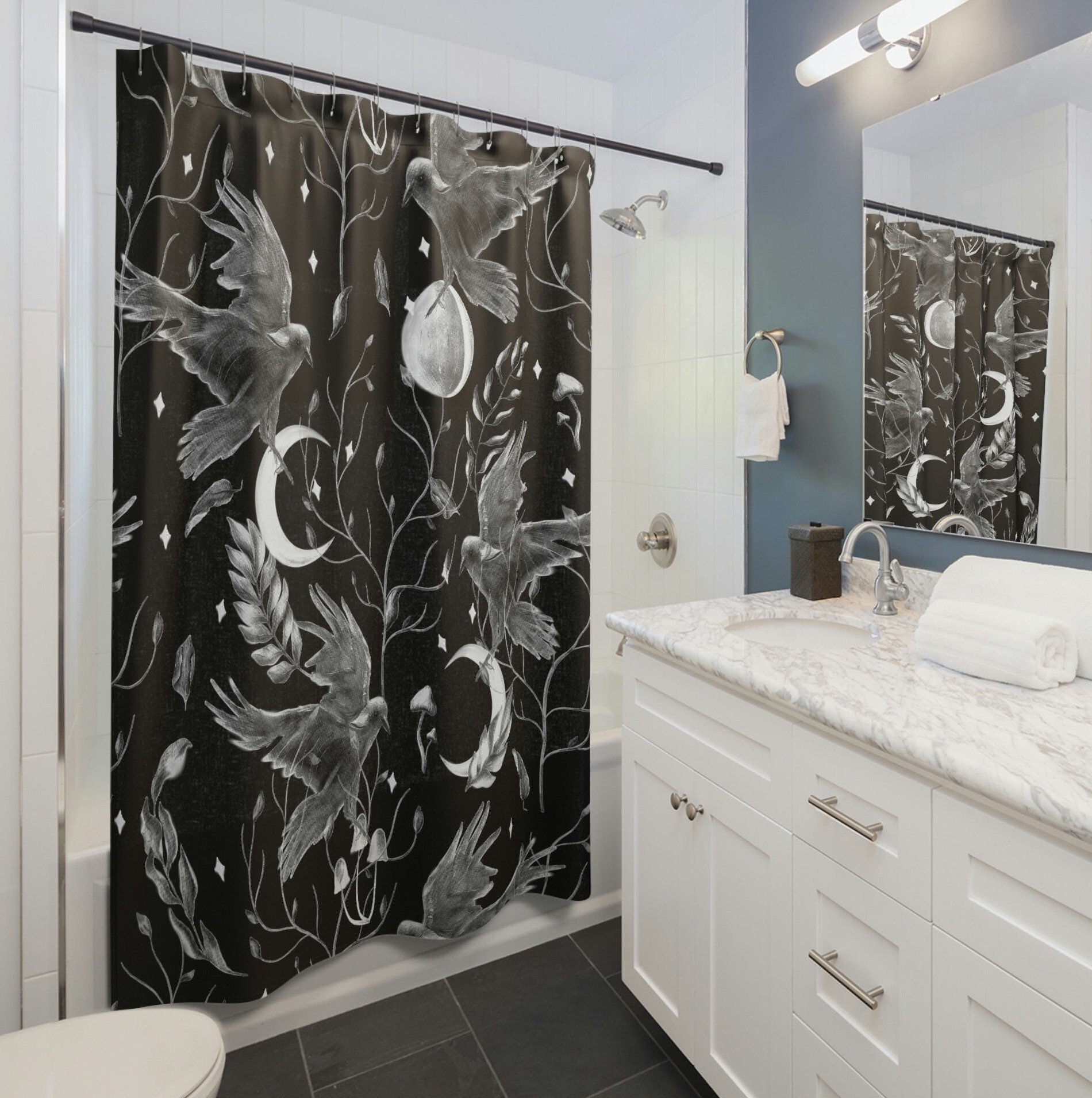 Black Raven Shower Curtain Dark Celestial Moon Shower Etsy