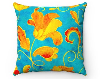 Turquoise Orange Throw Pillow Blue Eclectic Pillow Orange Flower Pillow Whimsical Living Room Decor Etsy