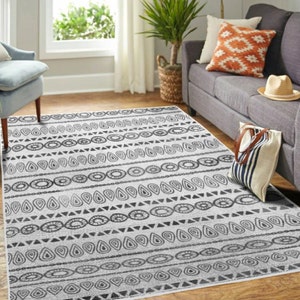Boho Scandinavian Rug - Neutral Rug, Black White Decorative Area Rug, Geometric, Aztec Living Room Rug