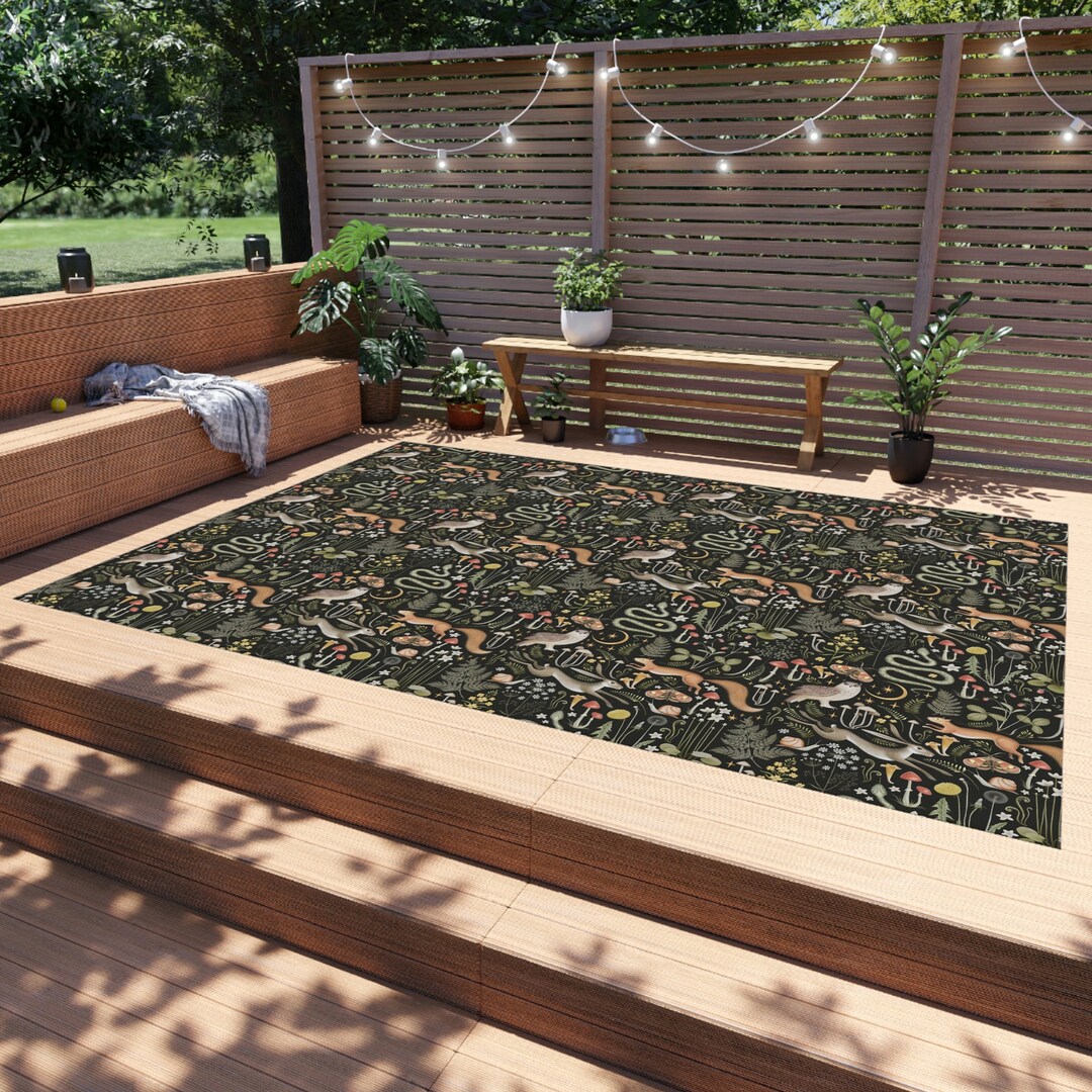 Woodland Animal Rug 2x3 to 9x12 Rug, Indoor Outdoor Rug, Dark