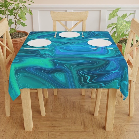 Blue Turquoise Tablecloth Square Tablecloth, Geode Abstract Blue