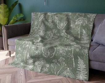 Sage Green Throw Blanket For Couch Floral Botanical Moth Butterfly Fern  Crushed Velvet Blanket Sage Green Bedding - Main Image
