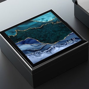 Geode Art Keepsake Box For Men - Custom, Agate Print Mens Jewelry Box Wooden, Black Wood Keepsake Box Gift for Him
